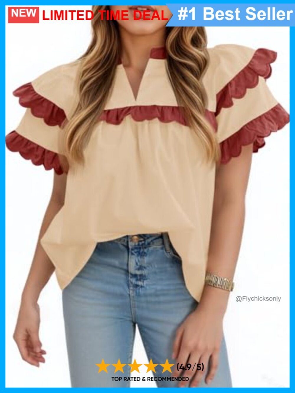 Ruffle Sleeve Babydoll Top V Neck Pleated Blouse